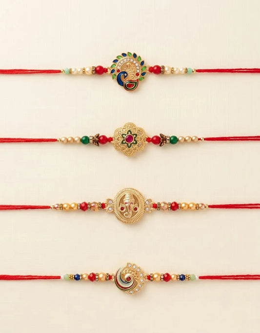 Designer Peacock, Floral, Ganesha & Stone Rakhi Set of 4-Fixed