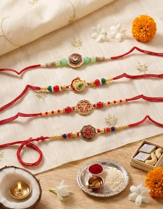 Traditional Handmade Rakhis with Decorative Beads & Red Thread- Set of 4pc